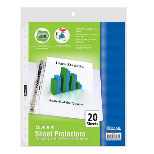 Sheet Protectors, Economy Weight, Top Loading (20 Pack)