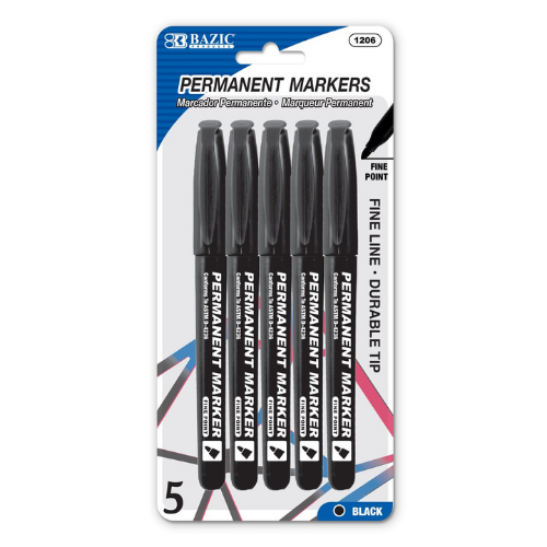 Permanent Markers, Fine Tip (5/Pack)