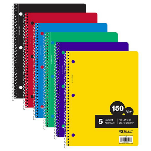 Spiral Notebook, 5 Subject, College Ruled