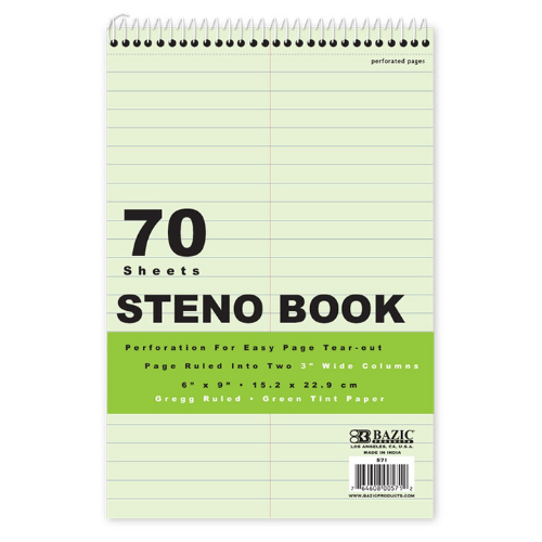 6" X 9" Green Tint Gregg Ruled Steno Book